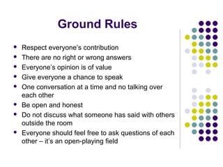 Ground Rules
   Respect everyone’s contribution
   There are no right or wrong answers
   Everyone’s opinion is of value
   Give everyone a chance to speak
   One conversation at a time and no talking over
    each other
   Be open and honest
   Do not discuss what someone has said with others
    outside the room
   Everyone should feel free to ask questions of each
    other – it’s an open-playing field
 