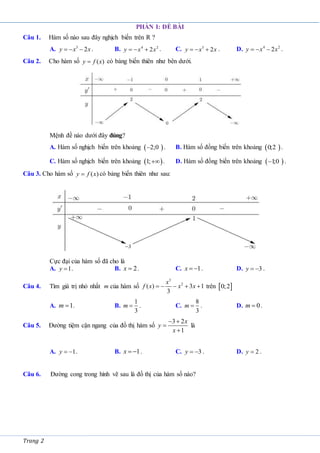 Trang 2
PHẦN I: ĐỀ BÀI
Câu 1. Hàm số nào sau đây nghịch biến trên R ?
A. 3
2
y x x
   . B. 4 2
2
y x x
   . C. 3
2
y x x
   . D. 4 2
2
y x x
   .
Câu 2. Cho hàm số ( )
y f x
 có bảng biến thiên như bên dưới.
Mệnh đề nào dưới đây đúng?
A. Hàm số nghịch biến trên khoảng  
2;0
 . B. Hàm số đồng biến trên khoảng  
0;2 .
C. Hàm số nghịch biến trên khoảng  
1; . D. Hàm số đồng biến trên khoảng  
1;0
 .
Câu 3. Cho hàm số ( )
y f x
 có bảng biến thiên như sau:
Cực đại của hàm số đã cho là
A. 1
y  . B. 2
x  . C. 1
x   . D. 3
y   .
Câu 4. Tìm giá trị nhỏ nhất m của hàm số
3
2
( ) 3 1
3
x
f x x x
     trên  
0;2
A. 1
m  . B.
1
3
m  . C.
8
3
m  . D. 0
m  .
Câu 5. Đường tiệm cận ngang của đồ thị hàm số
3 2
1
x
y
x
 


là
A. 1
y   . B. 1
x   . C. 3
y   . D. 2
y  .
Câu 6. Đường cong trong hình vẽ sau là đồ thị của hàm số nào?
 