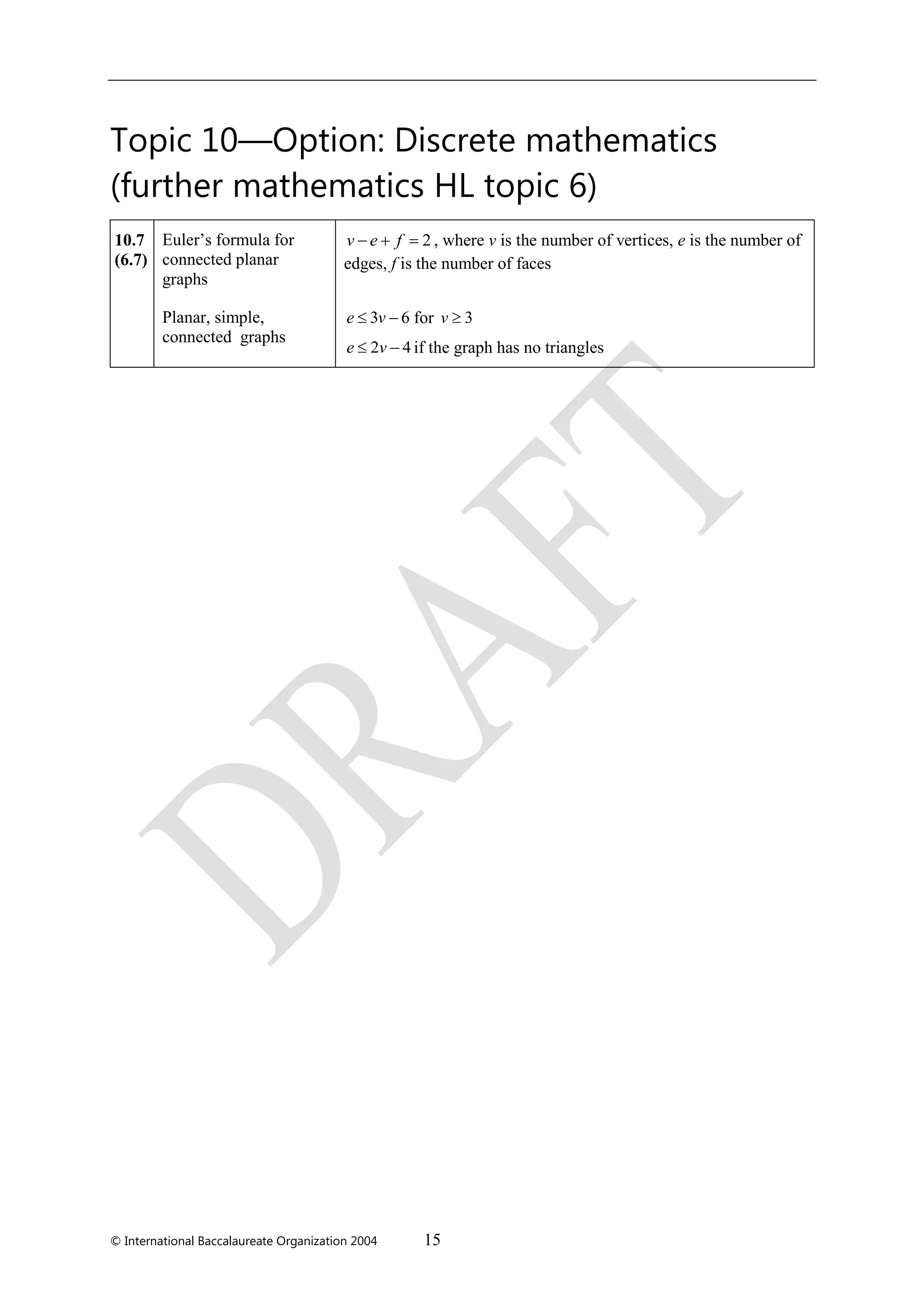 © International Baccalaureate Organization 2004 15
Topic 10—Option: Discrete mathematics
(further mathematics HL topic 6)
10.7
(6.7)
Euler’s formula for
connected planar
graphs
2  v e f , where v is the number of vertices, e is the number of
edges, f is the number of faces
Planar, simple,
connected graphs
3 6 e v for 3v 
2 4 e v if the graph has no triangles
 