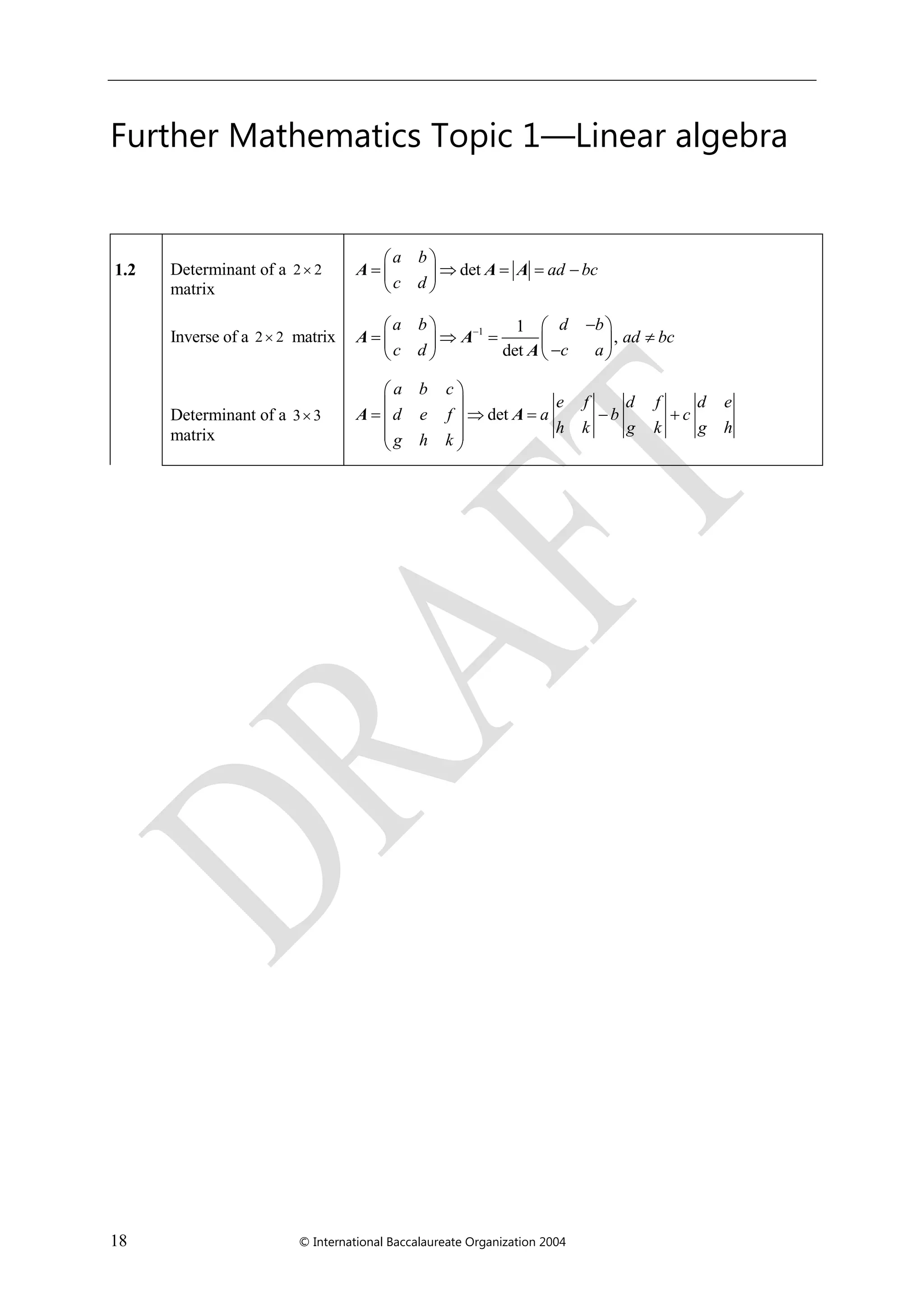 18 © International Baccalaureate Organization 2004
Further Mathematics Topic 1—Linear algebra
1.2 Determinant of a 2 2
matrix
det
a b
ad bc
c d
 
     
 
A A A
Inverse of a 2 2 matrix 1 1
,
det
a b d b
ad bc
c d c a
    
      
   
A A
A
Determinant of a 3 3
matrix
det
 
 
     
 
 
a b c
e f d f d e
d e f a b c
h k g k g h
g h k
A A
 