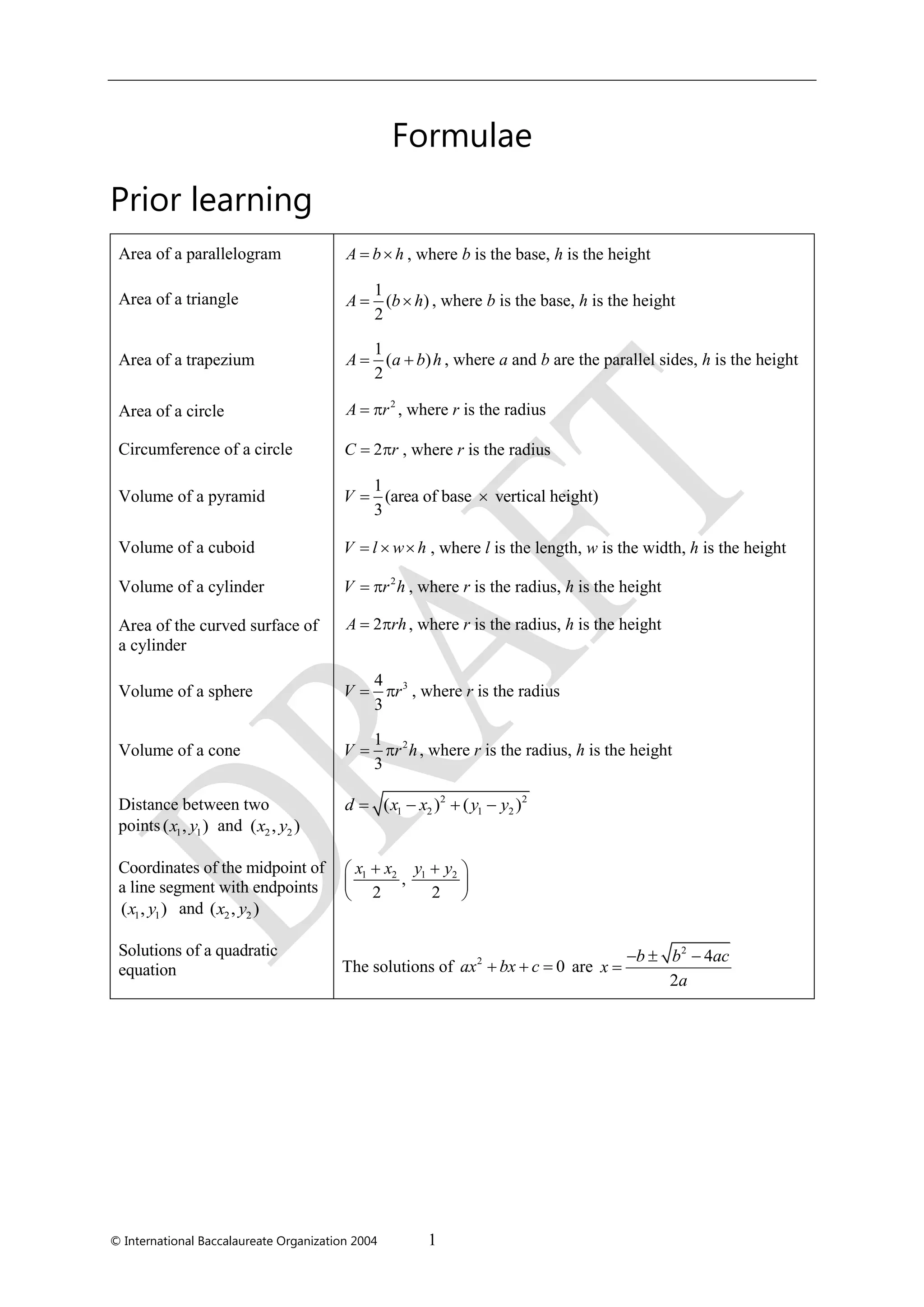 © International Baccalaureate Organization 2004 1
Formulae
Prior learning
Area of a parallelogram A b h  , where b is the base, h is the height
Area of a triangle
1
( )
2
 A b h , where b is the base, h is the height
Area of a trapezium
1
( )
2
 A a b h , where a and b are the parallel sides, h is the height
Area of a circle
2
 A r , where r is the radius
Circumference of a circle 2 C r , where r is the radius
Volume of a pyramid
1
(area of base vertical height)
3
 V
Volume of a cuboid   V l w h , where l is the length, w is the width, h is the height
Volume of a cylinder 2
 V r h , where r is the radius, h is the height
Area of the curved surface of
a cylinder
2 A rh, where r is the radius, h is the height
Volume of a sphere 34
3
 V r , where r is the radius
Volume of a cone 21
3
 V r h, where r is the radius, h is the height
Distance between two
points 1 1( , )x y and 2 2( , )x y
2 2
1 2 1 2( ) ( )   d x x y y
Coordinates of the midpoint of
a line segment with endpoints
1 1( , )x y and 2 2( , )x y
1 2 1 2
,
2 2
  
 
 
x x y y
Solutions of a quadratic
equation The solutions of 2
0ax bx c   are
2
4
2
b b ac
x
a
  

 