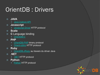 OrientDB : Drivers
   JAVA
     Java (native) API
   Javascript
     Javascript Driver HTTP protocol
   Scala
   C Language binding
     OrientDB-C
   PHP
     OrientDB-PHP binary protocol
     Orient-odino HTTP protocol
   Ruby
     OrientDB-JRuby au travers du driver Java
   .NET
     .NET HTTP protocol
   Python
     Python HTTP protocol
 