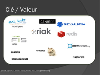 Clé / Valeur

                 Tokyo Tyrant




                  GT.M


                scalaris
                                                                                     RaptorDB
                 MemcacheDB



[client 1] get(1234) => {" nom":« leclerc", "email":« herve.leclerc@linkedin.com"}
 