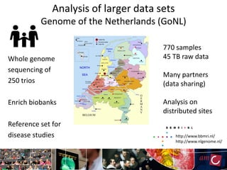 Analysis of larger data sets
          Genome of the Netherlands (GoNL)

                                       770 samples
Whole genome                           45 TB raw data
sequencing of
                                       Many partners
250 trios                              (data sharing)

Enrich biobanks                        Analysis on
                                       distributed sites
Reference set for
disease studies                              http://www.bbmri.nl/
                                             http://www.nlgenome.nl/
 