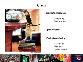 Grids
    Distributed resources

             Computing
             Data storage


    Open protocols


    It's all about sharing

             Resources
             Methods
             Collaborations
 