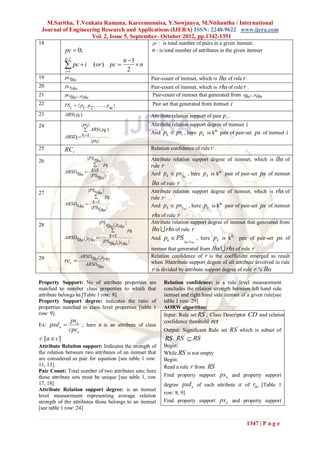 M.Saritha, T.Venkata Ramana, Kareemunnisa, Y.Sowjanya, M.Nishantha / International
 Journal of Engineering Research and Applications (IJERA) ISSN: 2248-9622 www.ijera.com
                    Vol. 2, Issue 5, September- October 2012, pp.1342-1351
18                                                   pc : is total number of pairs in a given itemset.
             pc  0;                                 n : is total number of attributes in the given itemset
             n 1
                                           n 1
              pc  i
             i 1
                            (or ) pc 
                                             2
                                                n
19           pcrlhs                                  Pair-count of itemset, which is lhs of rule r .
20           pcrrhs                                  Pair-count of itemset, which is rhs of rule r .
21           pcrlhs rrhs                            Pair-count of itemset that generated from rlhs rrhs
22           PS  { p , p , ......., p }             Pair set that generated from itemset i
               i        1 2           m
23           ARS ( pi )                              Attribute relation support of pair pi .
24                   | psi |                         Attribute relation support degree of itemset i
                        ARS ( pk )
                      k 1                           And pk  psi , here pk is kth pair of pair-set ps of itemset i
             ARSDi 
                             | psi |
25           RCr                                     Relation confidence of rule r .
                      |PSrlhs |                      Attribute relation support degree of itemset, which is lhs of
26
                          pk                        rule r
             ARSDr  k 1                            And pk  psrlhs , here pk is kth pair of pair-set ps of itemset
                  lhs |PS
                           rlhs |
                                                     lhs of rule r
                      |PSrrhs |                      Attribute relation support degree of itemset, which is rhs of
27
                           pk                       rule r
             ARSDr  k 1                            And pk  psrrhs , here pk is kth pair of pair-set ps of itemset
                  rhs   |PSr |
                            rhs
                                                     rhs of rule r
                               |PS         |         Attribute relation support degree of itemset that generated from
28                              rlhs rrhs
                                            pk      lhs  rhs of rule r
                                  k 1
             ARSDrlhs rrhs 
                              |PSrlhs rrhs |
                                                     And   pk  PS r             , here pk is kth pair of pair-set ps of
                                                                     lhs rrhs

                                                     itemset that generated from lhs  rhs of rule r
                      ARSDrlhs rrhs                 Relation confidence of r is the coefficient emerged as result
29           rcr                                    when 30attribute support degree of all attribute involved in rule
                        ARSDrlhs
                                                      r is divided by attribute support degree of rule r ‟s lhs

Property Support: No of attribute properties are           Relation confidence: is a rule level measurement
matched to number class properties to which that           concludes the relation strength between left hand side
attribute belongs to [Table 1 row: 8].                     itemset and right hand side itemset of a given rule[see
Property Support degree: indicates the ratio of            table 1 row: 29]
properties matched to class level properties [table 1      AORW algorithm:
row: 9].                                                   Input: Rule set RS , Class Descriptor CD and relation
                psa                                        confidence threshold rct
Ex: psd a          ; here a is an attribute of class                                             '
               cpcc                                        Output: Significant Rule set RS which is subset of
c [ a  c]                                                 RS RS  RS'

Attribute Relation support: Indicates the strength of      Begin:
the relation between two attributes of an itemset that     While RS is not empty
are considered as pair for equation [see table 1 row:      Begin:
11, 13].                                                   Read a rule r from RS
Pair Count: Total number of two attributes sets; here
these attribute sets must be unique [see table 1, row      Find property support psa and property support
17, 18]                                                    degree psd a of each attribute a of rlhs [Table 1
Attribute Relation support degree: is an itemset
                                                           row: 8, 9]
level measurement representing average relation
strength of the attributes those belongs to an itemset     Find property support psa and property support
[see table 1 row: 24]

                                                                                                      1347 | P a g e
 