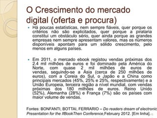 O Crescimento do mercado
digital (oferta e procura)
   Há poucas estatísticas, nem sempre fiáveis, quer porque os
    critérios não são explicitados, quer porque a pirataria
    constitui um obstáculo sério, quer ainda porque as grandes
    empresas nem sempre apresentam valores, mas os números
    disponíveis apontam para um sólido crescimento, pelo
    menos em alguns países.

   Em 2011, o mercado ebook registou vendas próximas dos
    2.4 mil milhões de euros e foi dominado pela América do
    Norte, com quase 2 mil milhões de euros de
    vendas, seguindo-se a Ásia (cerca de 250 milhões de
    euros), com a Coreia do Sul, o Japão e a China como
    principais mercados (45%, 25% e 25%, respectivamente) e a
    União Europeia, terceira região a nível mundial, com vendas
    próximas dos 180 milhões de euros. Reino Unido
    (52%), Alemanha (28%) e França (7%) são os países com
    maior volume de vendas.

Fontes: BONFANTI, BOTTAI, FERRARIO – Do readers dream of electronic
Presentation for the IfBookThen Conference,February 2012. [Em linha].16
 