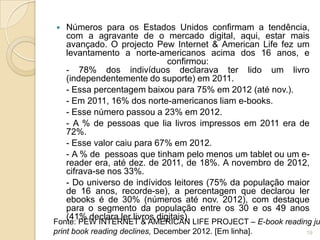    Números para os Estados Unidos confirmam a tendência,
    com a agravante de o mercado digital, aqui, estar mais
    avançado. O projecto Pew Internet & American Life fez um
    levantamento a norte-americanos acima dos 16 anos, e
                               confirmou:
    - 78% dos indivíduos declarava ter lido um livro
    (independentemente do suporte) em 2011.
    - Essa percentagem baixou para 75% em 2012 (até nov.).
    - Em 2011, 16% dos norte-americanos liam e-books.
    - Esse número passou a 23% em 2012.
    - A % de pessoas que lia livros impressos em 2011 era de
    72%.
    - Esse valor caiu para 67% em 2012.
    - A % de pessoas que tinham pelo menos um tablet ou um e-
    reader era, até dez. de 2011, de 18%. A novembro de 2012,
    cifrava-se nos 33%.
    - Do universo de indívidos leitores (75% da população maior
    de 16 anos, recorde-se), a percentagem que declarou ler
    ebooks é de 30% (números até nov. 2012), com destaque
    para o segmento da população entre os 30 e os 49 anos
    (41% declara ler livros digitais).
Fonte: PEW INTERNET & AMERICAN LIFE PROJECT – E-book reading ju
print book reading declines, December 2012. [Em linha].    19
 