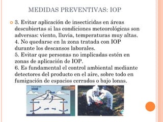 MEDIDAS PREVENTIVAS: IOP
 3. Evitar aplicación de insecticidas en áreas
descubiertas si las condiciones meteorológicas son
adversas: viento, lluvia, temperaturas muy altas.
4. No quedarse en la zona tratada con IOP
durante los descansos laborales.
5. Evitar que personas no implicadas estén en
zonas de aplicación de IOP.
6. Es fundamental el control ambiental mediante
detectores del producto en el aire, sobre todo en
fumigación de espacios cerrados o bajo lonas.
 