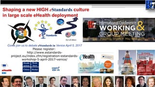 12
Shaping a new HIGH eStandards culture
in large scale eHealth deployment
Come join us to debate eStandards in Venice Apr...