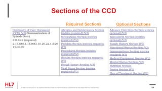 Sections of the CCD
® Health Level Seven and HL7 are registered trademarks of Health Level Seven International, registered with the United States Patent and Trademark Office. 128
Required Sections Optional Sections
 