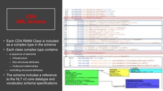 CDA
XML Schema
• Each CDA RMIM Class is included
as a complex type in the schema
• Each class complex type contains:
– a sequence of elements
o Infrastructure
o Non-structural attributes
o Outbound relationships
– controlling structural attributes
• The schema includes a reference
to the HL7 v3 core datatype and
vocabulary schema specifications
 