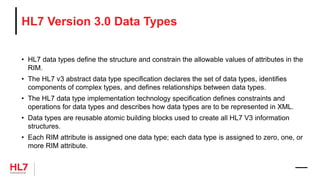 HL7 Version 3.0 Data Types
• HL7 data types define the structure and constrain the allowable values of attributes in the
RIM.
• The HL7 v3 abstract data type specification declares the set of data types, identifies
components of complex types, and defines relationships between data types.
• The HL7 data type implementation technology specification defines constraints and
operations for data types and describes how data types are to be represented in XML.
• Data types are reusable atomic building blocks used to create all HL7 V3 information
structures.
• Each RIM attribute is assigned one data type; each data type is assigned to zero, one, or
more RIM attribute.
 