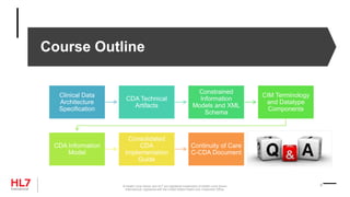 Course Outline
® Health Level Seven and HL7 are registered trademarks of Health Level Seven
International, registered with the United States Patent and Trademark Office.
4
Clinical Data
Architecture
Specification
CDA Technical
Artifacts
Constrained
Information
Models and XML
Schema
CIM Terminology
and Datatype
Components
CDA Information
Model
Consolidated
CDA
Implementation
Guide
Continuity of Care
C-CDA Document
 