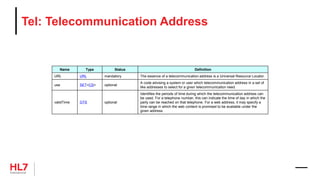 Tel: Telecommunication Address
Name Type Status Definition
URL URL mandatory The essence of a telecommunication address is a Universal Resource Locator.
use SET<CS> optional
A code advising a system or user which telecommunication address in a set of
like addresses to select for a given telecommunication need.
validTime GTS optional
Identifies the periods of time during which the telecommunication address can
be used. For a telephone number, this can indicate the time of day in which the
party can be reached on that telephone. For a web address, it may specify a
time range in which the web content is promised to be available under the
given address.
 