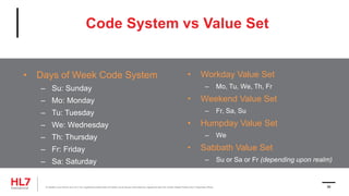 Code System vs Value Set
• Days of Week Code System
– Su: Sunday
– Mo: Monday
– Tu: Tuesday
– We: Wednesday
– Th: Thursday
– Fr: Friday
– Sa: Saturday
• Workday Value Set
– Mo, Tu, We, Th, Fr
• Weekend Value Set
– Fr, Sa, Su
• Humpday Value Set
– We
• Sabbath Value Set
– Su or Sa or Fr (depending upon realm)
® Health Level Seven and HL7 are registered trademarks of Health Level Seven International, registered with the United States Patent and Trademark Office. 56
 