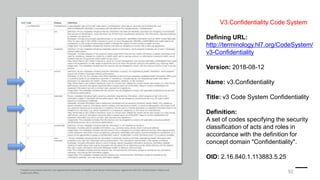 ® Health Level Seven and HL7 are registered trademarks of Health Level Seven International, registered with the United States Patent and
Trademark Office. 92
V3.Confidentiality Code System
Defining URL:
http://terminology.hl7.org/CodeSystem/
v3-Confidentiality
Version: 2018-08-12
Name: v3.Confidentiality
Title: v3 Code System Confidentiality
Definition:
A set of codes specifying the security
classification of acts and roles in
accordance with the definition for
concept domain "Confidentiality".
OID: 2.16.840.1.113883.5.25
 