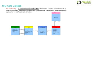 RIM Core Classes
Entity
classCode : CS
determinerCode: CS
code: CE
statusCode : CS
id : II
Role
classCode : CS
code: CE
effectiveTime : IVL<TS>
statusCode : CS
id : II
Participation
typeCode : CS
time : IVL<TS>
statusCode : CS
Act
classCode : CS
moodCode: CS
code: CD
statusCode : CS
effectiveTime : GTS
id : II
0..*
1
0..*
1
0..*
Act Relationship
typeCode : CS
0..*
1 1
0..1 plays
0..* 0..*
• Act relationship – an association between two Acts. This includes Act to Act associations such as
collector/component, predecessor/successor, and cause/outcome. The semantics of the associationis
captured by the Act Relationshipattributes.
0..1 scopes
 