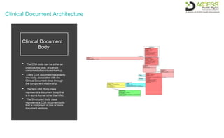 Clinical Document Architecture
Clinical Document
Body
• The CDA body can be either an
unstructured blob, or can be
comprised of structuredmarkup.
• Every CDA document has exactly
one body, associated with the
Clinical Document class through
the component relationship.
• The Non-XML Body class
represents a document body that
is in some format other thanXML.
• The Structured Body class
represents a CDA documentbody
that is comprised of one or more
document sections.
 