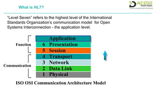 What is HL7?
“Level Seven” refers to the highest level of the International
Standards Organization’s communication model for Open
Systems Interconnection - the application level.
Communication
ISO OSI CommunicationArchitecture Model
Application
6 Presentation
5 Session
4 Transport
3 Network
2 Data Link
1 Physical
Function
 