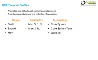 CDA Template Profiles
• A template is a collection of conformance statements
• A conformance statement is a collection of constraints
Usage
• Shall
• Should
• May
Terminology
• Code System
• Code System Term
• Value Set
Cardinality
• Min: O, 1, N
• Max: 1, N, *
 