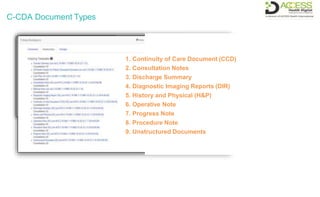 C-CDA Document Types
1. Continuity of Care Document (CCD)
2. Consultation Notes
3. Discharge Summary
4. Diagnostic Imaging Reports (DIR)
5. History and Physical (H&P)
6. Operative Note
7. Progress Note
8. Procedure Note
9. Unstructured Documents
 