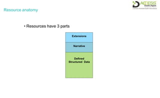 Resource anatomy
• Resources have 3 parts
Extensions
Narrative
Defined
Structured Data
 