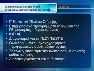 Η Διαλειτουργικότητα στους        Apollo AE
Δημόσιους Διαγωνισμούς των ΔΥΠΕ



 Γ’ Κοινοτικό Πλαίσιο Στήριξης
 Επιχειρησιακά προγράμματα (Κοινωνία της
    Πληροφορίας – Υγεία πρόνοια)
   ΚτΠ ΑΕ
   Διαγωνισμοί για τα ΠεΣΥΠ/ΔYΠΕ
   Ολοκληρωμένες μηχανογραφήσεις
    περιφερειακών συστημάτων υγείας
   Σε τελική φάση πριν την υλοποίηση με αρκετές
    καθυστερήσεις
   Διαλειτουργικότητα και HL7 παντού
 