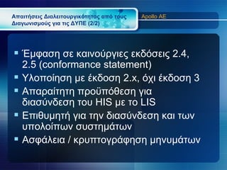 Απαιτήσεις Διαλειτουργικότητας από τους   Apollo AE
Διαγωνισμούς για τις ΔΥΠΕ (2/2)




 Έμφαση σε καινούργιες εκδόσεις 2.4,
    2.5 (conformance statement)
   Υλοποίηση με έκδοση 2.x, όχι έκδοση 3
   Απαραίτητη προϋπόθεση για
    διασύνδεση του HIS με το LIS
   Επιθυμητή για την διασύνδεση και των
    υπολοίπων συστημάτων
   Ασφάλεια / κρυπτογράφηση μηνυμάτων
 