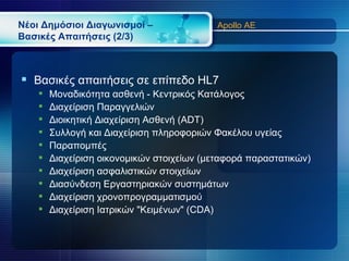 Νέοι Δημόσιοι Διαγωνισμοί –                 Apollo AE
Βασικές Απαιτήσεις (2/3)



 Βασικές απαιτήσεις σε επίπεδο HL7
       Μοναδικότητα ασθενή - Κεντρικός Κατάλογος
       Διαχείριση Παραγγελιών
       Διοικητική Διαχείριση Ασθενή (ADT)
       Συλλογή και Διαχείριση πληροφοριών Φακέλου υγείας
       Παραπομπές
       Διαχείριση οικονομικών στοιχείων (μεταφορά παραστατικών)
       Διαχείριση ασφαλιστικών στοιχείων
       Διασύνδεση Εργαστηριακών συστημάτων
       Διαχείριση χρονοπρογραμματισμού
       Διαχείριση Ιατρικών "Κειμένων" (CDA)
 