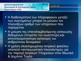 Διαλειτουργικότητα:
                                 Apollo AE
Οικονομικά & Λειτουργικά οφέλη
Οργανισμών (1/2)


 Η διαθεσιμότητα των πληροφοριών μεταξύ
  των συστημάτων μπορεί να μειώσει τον
  πλεονάζων αριθμό των υπηρεσιών που
  παρέχονται
 Η μείωση της επαναλαμβανόμενης εισαγωγής
  δεδομένων επιτρέπει την σωστότερη και
  αποτελεσματικότερη κατανομή του
  ανθρώπινου δυναμικού
 Η χρήση ολοκληρωμένου Ιατρικού φακέλου
  αποτελεί «ανταγωνιστικό πλεονέκτημα» για
  την παροχή Ιατρικών Υπηρεσιών στον Ιδιωτικό
  & Δημόσιο Τομέα
 