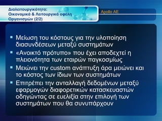 Διαλειτουργικότητα:
                                 Apollo AE
Οικονομικά & Λειτουργικά οφέλη
Οργανισμών (2/2)



 Μείωση του κόστους για την υλοποίηση
  διασυνδέσεων μεταξύ συστημάτων
 «Ανοικτό πρότυπο» που έχει αποδεχτεί η
  πλειονότητα των εταιρών παγκοσμίως
 Μειώνει την custom ανάπτυξη άρα μειώνει και
  το κόστος των ίδιων των συστημάτων
 Επιτρέπει την ανταλλαγή δεδομένων μεταξύ
  εφαρμογών διαφορετικών κατασκευαστών
  οδηγώντας σε ευελιξία στην επιλογή των
  συστημάτων που θα συνυπάρχουν
 