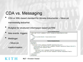 CDA vs. Messaging CDA er XML-basert standard for kliniske dokumenter – fokus på menneskelig lesbarhet Mulighet for strukturert informasjon basert på RIM Ikke events, triggers etc – ingen dynamisk modell Meldinger:  – fokus på  maskin/maskin 