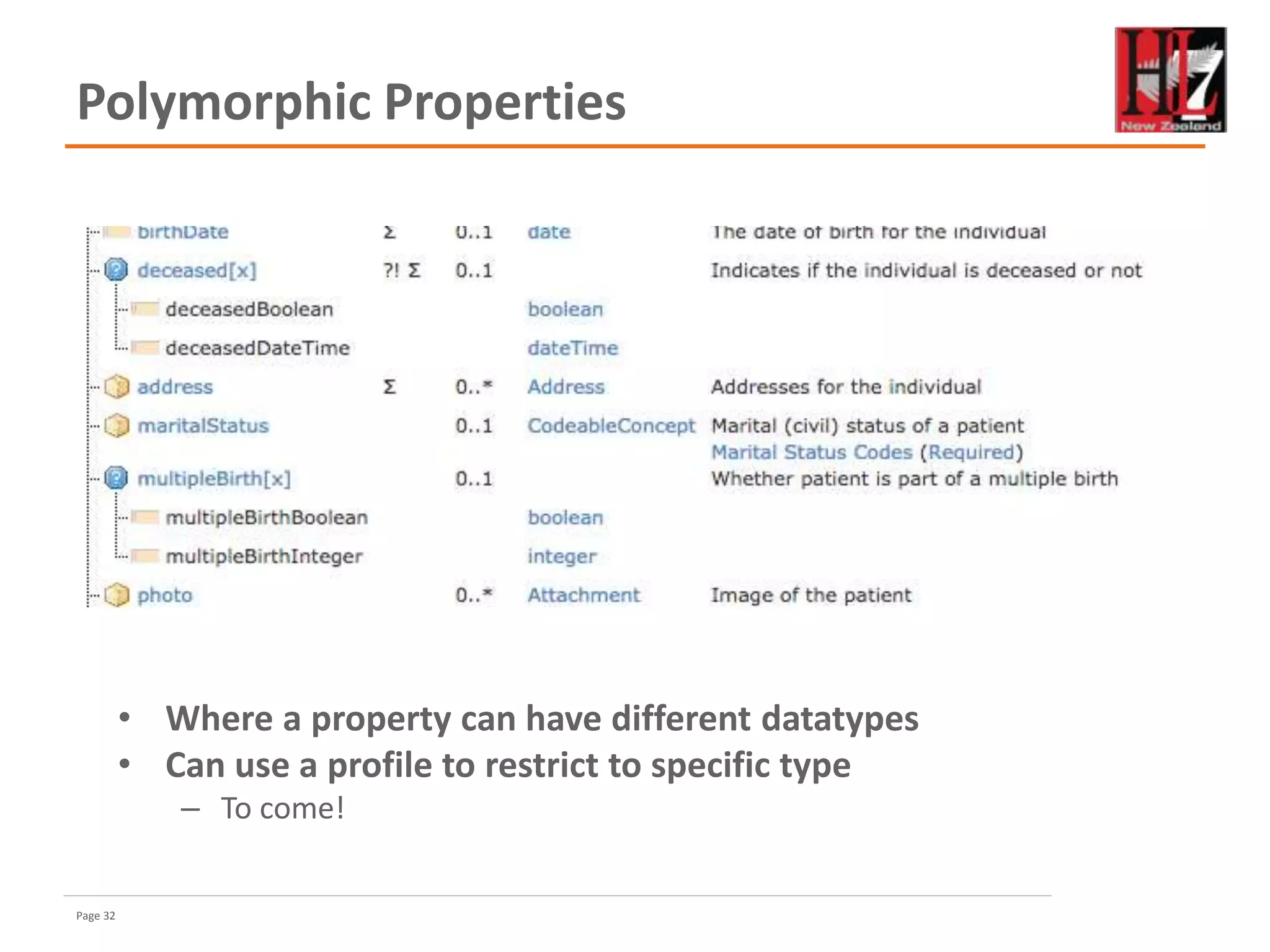 Page 32
Polymorphic Properties
• Where a property can have different datatypes
• Can use a profile to restrict to specific type
– To come!
 