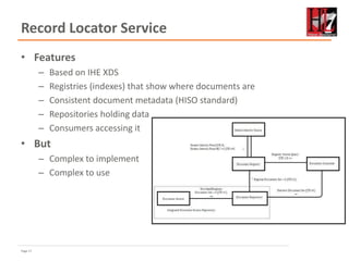 Page 17
Record Locator Service
• Features
– Based on IHE XDS
– Registries (indexes) that show where documents are
– Consistent document metadata (HISO standard)
– Repositories holding data
– Consumers accessing it
• But
– Complex to implement
– Complex to use
 