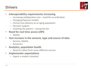 Page 5
Drivers
• Interoperability requirements increasing
– Increasing collaborative care – need for co-ordination
– Changing Payment models
– Clinical Care delivery to an aging population
– Decision support
– Involving the patient – raising the bar
• Need for real time access (API)
– Mobile
• Vast increase in the amount, type and source of data
– Devices, Mobile
– Genomics
• Analytics, population health
– Need to collect from many different sources
• Implementer expectations
– Expect a modern standard
Current standards don’t cut it - these led to
FHIR…
 