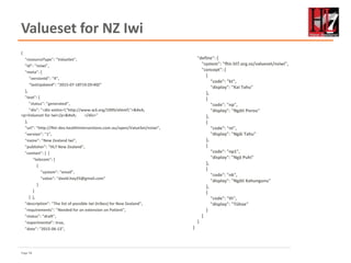 Page 58
Valueset for NZ Iwi
{
"resourceType": "ValueSet",
"id": "nziwi",
"meta": {
"versionId": "4",
"lastUpdated": "2015-07-18T19:29:40Z"
},
"text": {
"status": "generated",
"div": "<div xmlns="http://www.w3.org/1999/xhtml">

<p>Valueset for Iwi</p>
 </div>"
},
"url": "http://fhir-dev.healthintersections.com.au/open/ValueSet/nziwi",
"version": "1",
"name": "New Zealand Iwi",
"publisher": "HL7 New Zealand",
"contact": [ {
"telecom": [
{
"system": "email",
"value": "david.hay25@gmail.com"
}
]
} ],
"description": "The list of possible Iwi (tribes) for New Zealand",
"requirements": "Needed for an extension on Patient",
"status": "draft",
"experimental": true,
"date": "2015-06-13",
"define": {
"system": "fhir.hl7.org.nz/valueset/nziwi",
"concept": [
{
"code": "kt",
"display": "Kai Tahu"
},
{
"code": "np",
"display": "Ngāti Porou"
},
{
"code": "nt",
"display": "Ngāi Tahu"
},
{
"code": "np1",
"display": "Ngā Puhi"
},
{
"code": "nk",
"display": "Ngāti Kahungunu"
},
{
"code": "th",
"display": "Tūhoe"
}
]
}
}
 