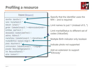 Page 65
Profiling a resource
Specify that the identifier uses the
NHI – and is required
Limit names to just 1 (instead of 0..*)
Limit maritalStatus to different set of
codes (ValueSet)
Multiple Birth indicator only boolean
Indicate photo not supported
Add an extension to support
“Ethnicity”
Note: hardly any mandatory elements
in the core spec!
 