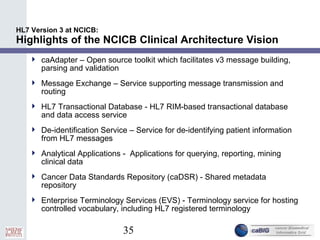 35
HL7 Version 3 at NCICB:
Highlights of the NCICB Clinical Architecture Vision
 caAdapter – Open source toolkit which facilitates v3 message building,
parsing and validation
 Message Exchange – Service supporting message transmission and
routing
 HL7 Transactional Database - HL7 RIM-based transactional database
and data access service
 De-identification Service – Service for de-identifying patient information
from HL7 messages
 Analytical Applications - Applications for querying, reporting, mining
clinical data
 Cancer Data Standards Repository (caDSR) - Shared metadata
repository
 Enterprise Terminology Services (EVS) - Terminology service for hosting
controlled vocabulary, including HL7 registered terminology
 