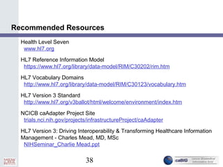 38
Recommended Resources
Health Level Seven
www.hl7.org
HL7 Reference Information Model
https://www.hl7.org/library/data-model/RIM/C30202/rim.htm
HL7 Vocabulary Domains
http://www.hl7.org/library/data-model/RIM/C30123/vocabulary.htm
HL7 Version 3 Standard
http://www.hl7.org/v3ballot/html/welcome/environment/index.htm
NCICB caAdapter Project Site
trials.nci.nih.gov/projects/infrastructureProject/caAdapter
HL7 Version 3: Driving Interoperability & Transforming Healthcare Information
Management - Charles Mead, MD, MSc
NIHSeminar_Charlie Mead.ppt
 