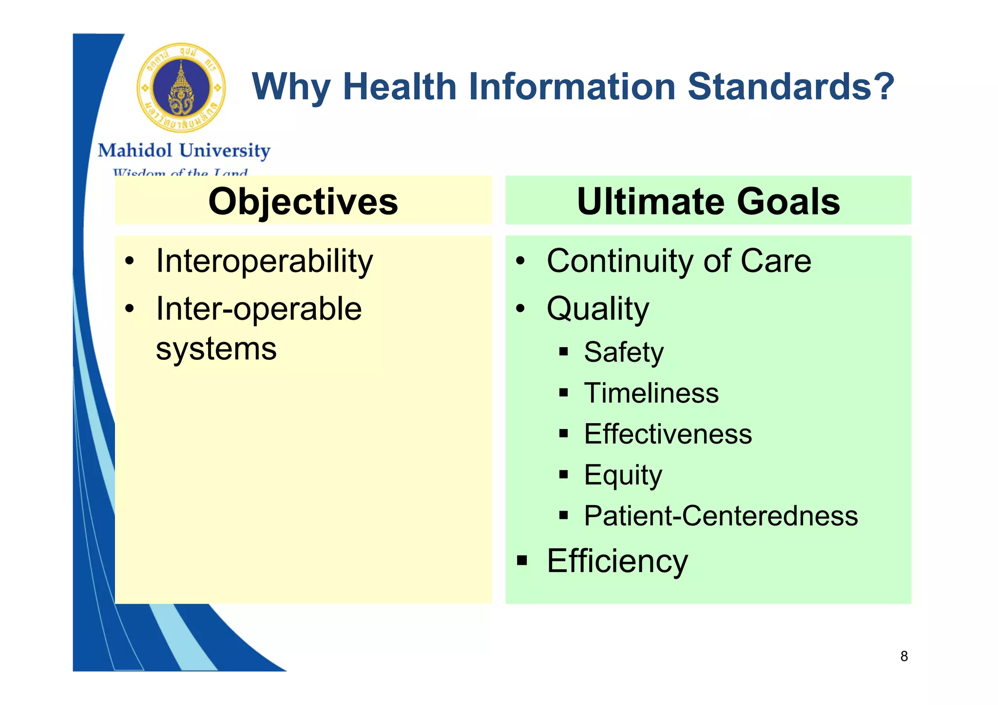 8
Objectives
• Interoperability
• Inter-operable
systems
Ultimate Goals
• Continuity of Care
• Quality
 Safety
 Timeliness
 Effectiveness
 Equity
 Patient-Centeredness
 Efficiency
Why Health Information Standards?
 