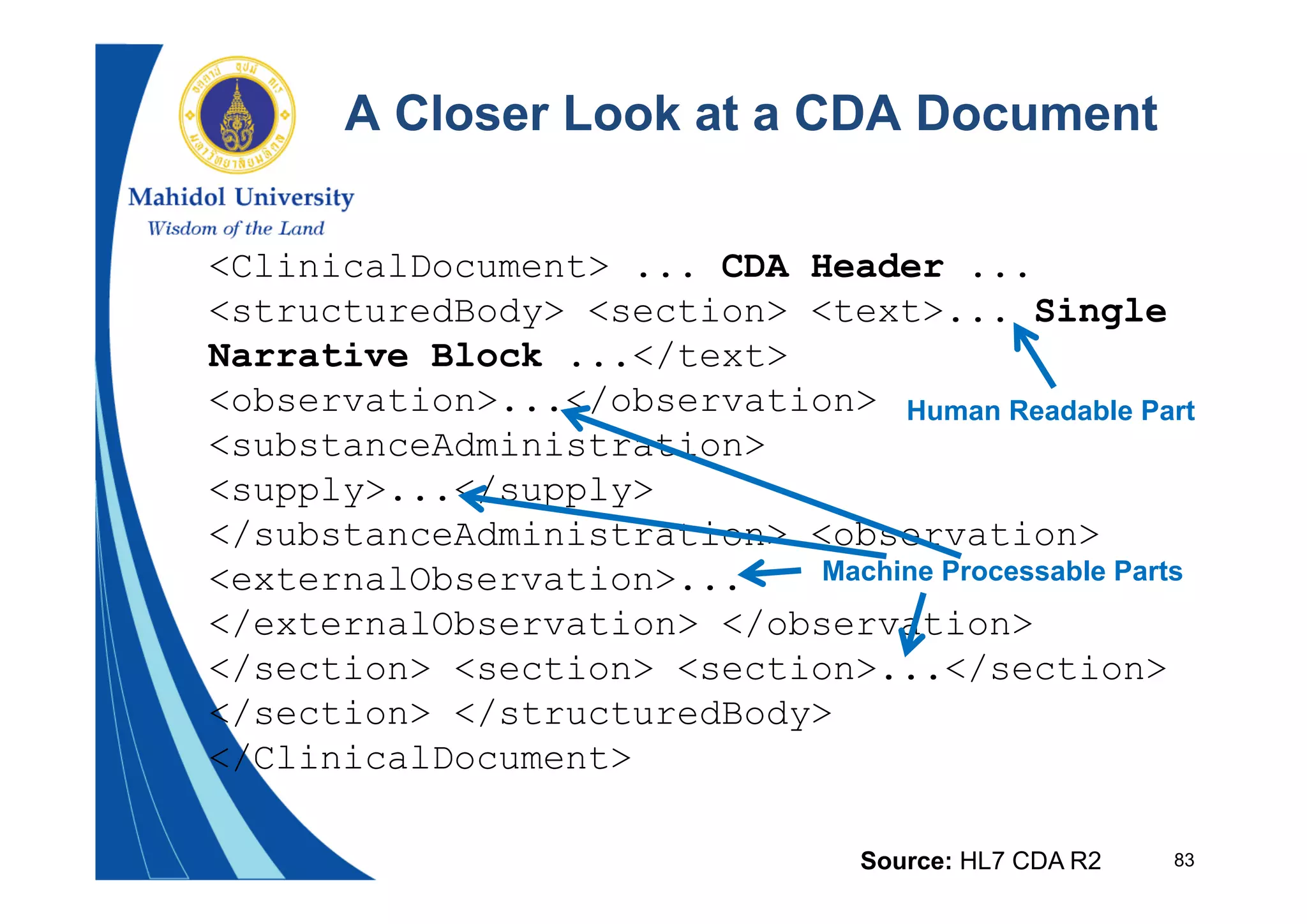 83
A Closer Look at a CDA Document
<ClinicalDocument> ... CDA Header ...
<structuredBody> <section> <text>... Single
Narrative Block ...</text>
<observation>...</observation>
<substanceAdministration>
<supply>...</supply>
</substanceAdministration> <observation>
<externalObservation>...
</externalObservation> </observation>
</section> <section> <section>...</section>
</section> </structuredBody>
</ClinicalDocument>
Source: HL7 CDA R2
Human Readable Part
Machine Processable Parts
 