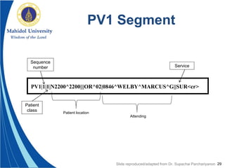 29
PV1 Segment
PV1|1|1|N2200^2200|||OR^02|0846^WELBY^MARCUS^G||SUR<cr>
Patient location
Attending
Service
Sequence
number
Patient
class
Slide reproduced/adapted from Dr. Supachai Parchariyanon
 