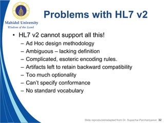 32
Problems with HL7 v2
• HL7 v2 cannot support all this!
– Ad Hoc design methodology
– Ambiguous – lacking definition
– Complicated, esoteric encoding rules.
– Artifacts left to retain backward compatibility
– Too much optionality
– Can’t specify conformance
– No standard vocabulary
Slide reproduced/adapted from Dr. Supachai Parchariyanon
 
