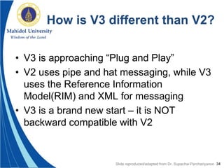 34
How is V3 different than V2?
• V3 is approaching “Plug and Play”
• V2 uses pipe and hat messaging, while V3
uses the Reference Information
Model(RIM) and XML for messaging
• V3 is a brand new start – it is NOT
backward compatible with V2
Slide reproduced/adapted from Dr. Supachai Parchariyanon
 