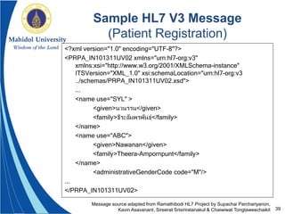 39
Sample HL7 V3 Message
(Patient Registration)
<?xml version="1.0" encoding="UTF-8"?>
<PRPA_IN101311UV02 xmlns="urn:hl7-org:v3"
xmlns:xsi="http://www.w3.org/2001/XMLSchema-instance"
ITSVersion="XML_1.0" xsi:schemaLocation="urn:hl7-org:v3
../schemas/PRPA_IN101311UV02.xsd">
...
<name use="SYL" >
<given>นวนรรน</given>
<family>ธีระอัมพรพันธุ์</family>
</name>
<name use="ABC">
<given>Nawanan</given>
<family>Theera-Ampornpunt</family>
</name>
<administrativeGenderCode code="M"/>
...
</PRPA_IN101311UV02>
Message source adapted from Ramathibodi HL7 Project by Supachai Parchariyanon,
Kavin Asavanant, Sireerat Srisiriratanakul & Chaiwiwat Tongtaweechaikit
 