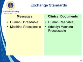 56
Messages
• Human Unreadable
• Machine Processable
Clinical Documents
• Human Readable
• (Ideally) Machine
Processable
Exchange Standards
 