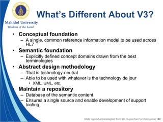 33
What’s Different About V3?
• Conceptual foundation
– A single, common reference information model to be used across
HL7
• Semantic foundation
– Explicitly defined concept domains drawn from the best
terminologies
• Abstract design methodology
– That is technology-neutral
– Able to be used with whatever is the technology de jour
• XML, UML, etc.
• Maintain a repository
– Database of the semantic content
– Ensures a single source and enable development of support
tooling
Slide reproduced/adapted from Dr. Supachai Parchariyanon
 