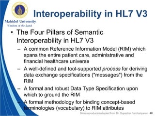 46
Interoperability in HL7 V3
• The Four Pillars of Semantic
Interoperability in HL7 V3
– A common Reference Information Model (RIM) which
spans the entire patient care, administrative and
financial healthcare universe
– A well-defined and tool-supported process for deriving
data exchange specifications ("messages") from the
RIM
– A formal and robust Data Type Specification upon
which to ground the RIM
– A formal methodology for binding concept-based
terminologies (vocabulary) to RIM attributes
Slide reproduced/adapted from Dr. Supachai Parchariyanon
 