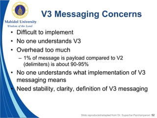 52
V3 Messaging Concerns
• Difficult to implement
• No one understands V3
• Overhead too much
– 1% of message is payload compared to V2
(delimiters) is about 90-95%
• No one understands what implementation of V3
messaging means
• Need stability, clarity, definition of V3 messaging
Slide reproduced/adapted from Dr. Supachai Parchariyanon
 